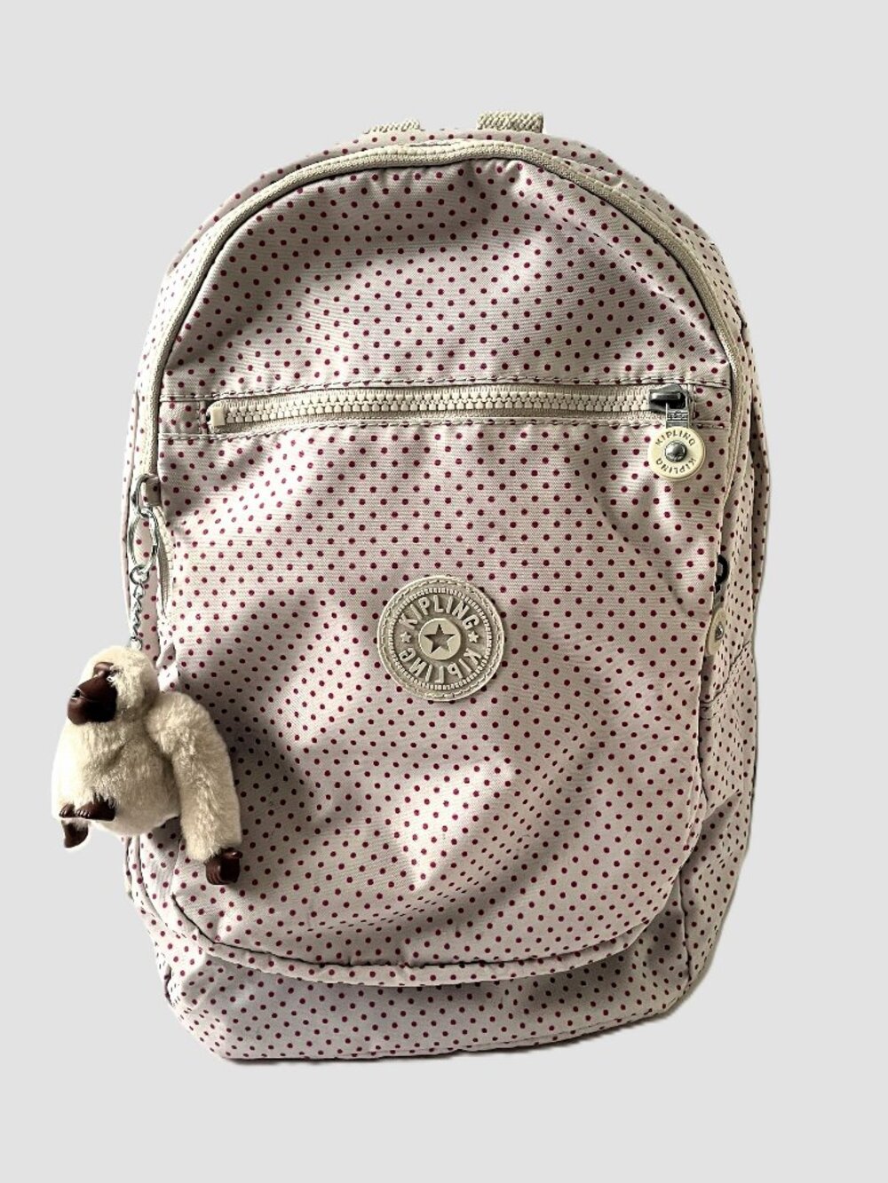 Kipling Cream & Burgundy Polka Dot Casual Backpack
